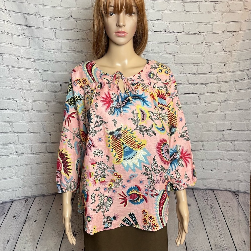 NWT New Linen Blend by Hester & Orchard Floral Tropical Blouse Top Size M